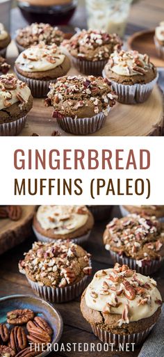 the recipe for gingerbread muffins is shown on a wooden tray with pecans