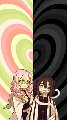 two anime characters standing next to each other in front of an abstract background with swirls