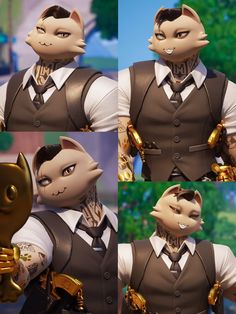 four different shots of a cat wearing a suit and tie with gold accessories on his chest