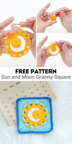 crocheted sun and moon granny square with text overlay that says free pattern