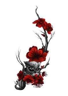 an owl with red flowers on it's head is shown in this tattoo design