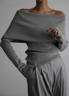 Color: Grey Midweight stretch fabric Regular fit Off-the-shoulder detailing  Fold over detailing Slip-on style  Unlined  72% Rayon 28% Polyester  Dry Clean Imported Sweater Tops, Knit Bottom, Off Shoulder Sweater, Bottoming Shirt, Elegant Red, Off Shoulder Tops, Solid Tops, Shoulder Sweater, Long Sleeve Knit