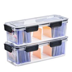 two clear storage containers with black lids and dividers on the sides, each containing different colored folders