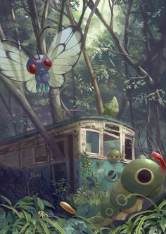 an old bus in the middle of a forest with butterflies on it's roof