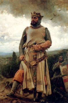 a painting of a man in armor standing on a hill with other men behind him