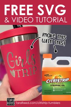 a woman holding up a pink cup with the words girls trip on it and a bottle of cleaner next to it