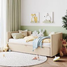 a child's bedroom with green walls and white rugs on the wooden floor