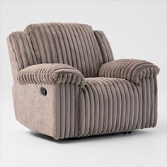 the reclining chair is made out of fabric and has a button on it's arm