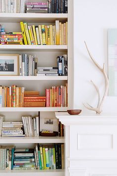 a bookshelf filled with lots of books next to a white fireplace mantel