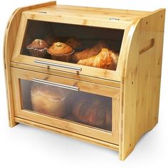 a wooden bakery case filled with baked goods