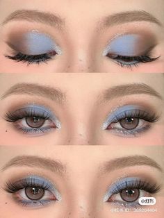 Light Blue Makeup With Gems, Steel Blue Makeup, Copper And Blue Makeup, Pastel Blue Eyeshadow Looks, Light Blue And Brown Eyeshadow, Simple Light Blue Makeup, Cute Blue Eyeshadow Looks, Light Blue Make Up Looks, Sweet 16 Makeup Ideas Blue