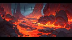 an animated scene with lava and rocks in the foreground