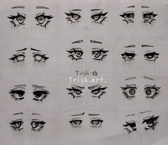 a drawing of different types of eyes with the words trish art written on them