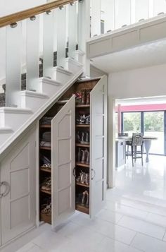 a shoe storage with large drawers and an additional cabinet built into the staircase is a lovely idea - Shelterness Drawers Under Stairs, Cabinet Under Stairs, Stairs And Hallway Ideas, Under Stair, Shoes Cabinet, Staircase Storage, The Staircase, Under Stairs, Large Drawers