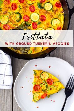 a white plate topped with a slice of frittata next to a skillet filled with veggies