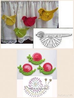 crocheted birds and flowers hanging from curtains