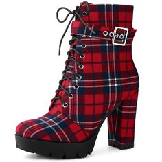 A lofty platform and block heels lend captivating height to a retro-inspired combat ankle boot styled with a lace-up vamp and plaid stitching for visual intrigue. Combat Ankle Boots, Plaid Printing, Back Zipper Closure, Chunky Heel, Platform Boots, Lace-Up. Vamp: Plaid Fabric; Outsole: TPR; Heel: ABS. Heel Height: 3 8/9 inches, Platform Height: 1 1/2 inches. Please check the size measurement chart before ordering. Toni Topaz, Ankle Combat Boots, Casual Shoes Women Flats, Gothic Boots, Buckle Booties, Gothic Shoes, Buy Boots, Punk Boots, Shoe Ideas