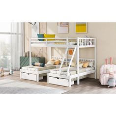 a child's bedroom with bunk beds and storage underneath the bed is decorated in pastel colors