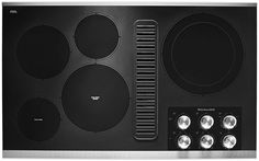 an electric cooktop with four burners and knobs on the front, in stainless steel