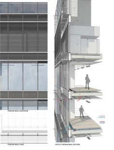 an architectural drawing shows the inside and outside of a tall building with glass walls, balconies, and stairs