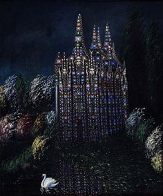 a painting of a building with lights on it and a swan swimming in the water