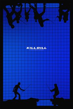 the silhouettes of two people fishing in front of a blue tiled wall that says kill bill