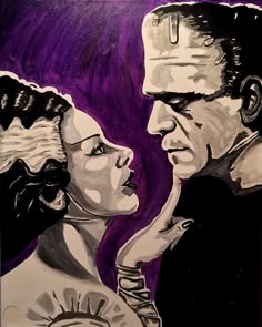 a painting of a man and woman looking into each other's eyes, with purple background