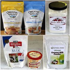 four different types of food are shown in this collage, including milk, yogurt mix and granola