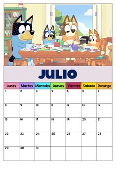 a calendar with cartoon characters sitting at a table in front of the wall and window