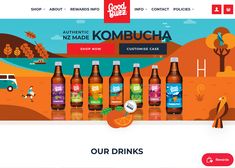 the website for kombucha is displayed with an image of oranges and bottles