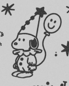 a black and white drawing of a cartoon character holding a balloon with stars in the background