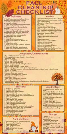 the fall cleaning checklist is shown in an orange and yellow background with leaves on it