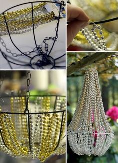 four pictures of different types of beaded chandelier hanging from branches with flowers in the background