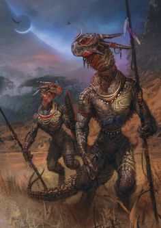 two alien men with spears and swords in front of an alien landscape, one holding a spear