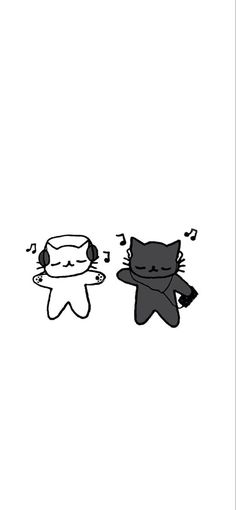 two black and white cartoon cats with music notes on their ears, one is sleeping