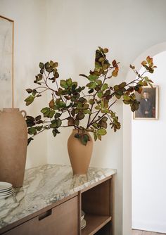 a vase filled with green leaves sitting on top of a table next to a wall