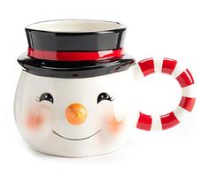 a snowman mug with a red and white striped handle