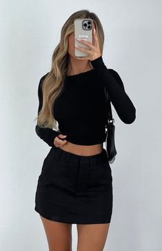 The Have You Been In Love High Waisted Mini Skirt Black. Head online and shop this season's latest styles at White Fox. Express delivery and AfterPay available. Mini Skirt Top Outfit, Black Skirt Outfit Club, Europe Fits Summer, Outfits With A Black Skirt, Lindsey Aesthetic, Black Denim Mini Skirt Outfit, Mini Skirt Outfit Summer Casual, Black Miniskirt Outfits, Black Short Skirt Outfit