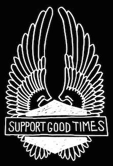 the logo for support god times, with wings and a banner in white on a black background