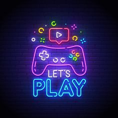 a neon sign that says let's play with a video game controller on it