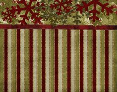 a red and green striped christmas background with snowflakes on the top, along with holly