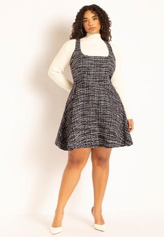 Flare Tweed Mini Jumper - Size 14-32 Dress, Blue And White | Eloquii Professional Outfits, Plus Size Business Attire, Picture Dress, Plus Size Flare, Business Professional Outfits, Plus Size Fall Outfit, Plus Size Fall, Tweed Dress, Outfit Inspo Fall