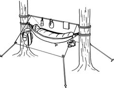 a drawing of a hammock hanging between two trees with ropes attached to it