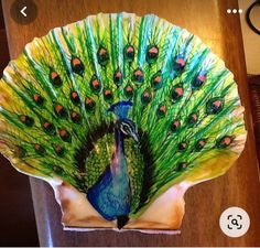 a peacock with its feathers spread out sitting on a table