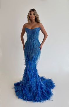 Feather Evening Dress, Blue Md Dresses, Blue African Wedding Dress, Corsette Dresses, Prom Gown Ideas, Fringe Dress Formal, Blue Birthday Dress, Blue And Black Outfit, Blue Elegant Dress