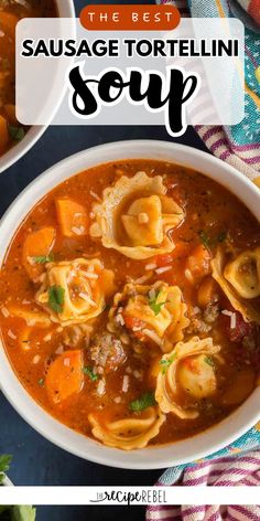 The ultimate fall comfort food for dinner! Loaded with vegetables, Italian sausage, and cheese tortellini, this fall soup recipe is hearty and filling. Plus, it's freezer-friendly! Definitely The BEST Sausage Tortellini Soup! Ravioli Soup, Classic Chili Recipe, Food For Dinner, Soup Video, Best Freezer Meals, Sausage Tortellini Soup, Sausage Soup Recipes, Sausage Tortellini, Freezer Recipes