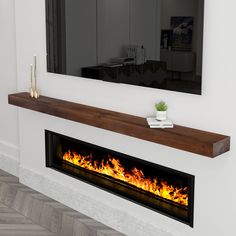 a fireplace with a mirror above it and a plant on the mantle in front of it