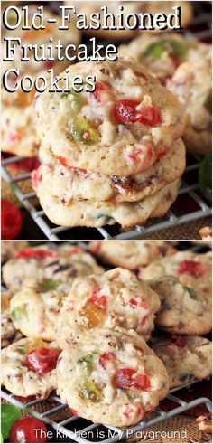 old - fashioned fruitcake cookies on a cooling rack with the words, old - fashioned fruitcake cookies