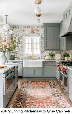 a kitchen with gray cabinets and floral wallpaper on the walls is featured in this article