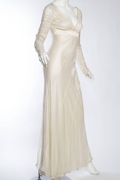 Alberta Ferretti Cream White Bias Silk Chiffon and Lace Gown For Sale at 1stdibs Empire Waist Gown, Silk Dress Vintage, Dark Autumn, Embroidered Sleeves, Vintage Clothes Women, 1930s Fashion, Empire Waist Dress, Wedding Dress Sleeves, Silk Charmeuse